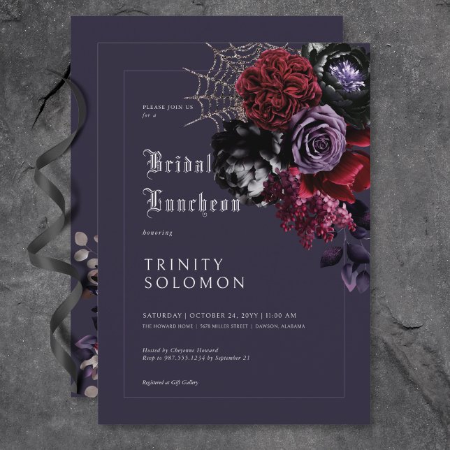 Dark Lila Floral & Silver Web Bridal Luncheon Einladung (Dark Purple Floral & Silver Web Bridal Luncheon Invitation)