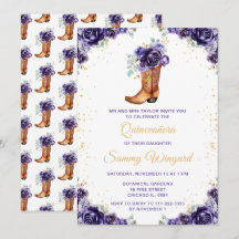 Dark Lila Gold Floral Cowboy Boot Quinceañera