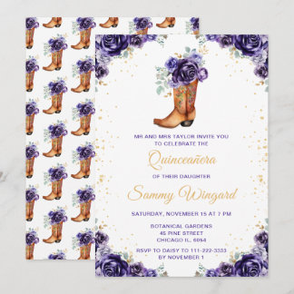 Dark Lila Gold Floral Cowboy Boot Quinceañera Einladung