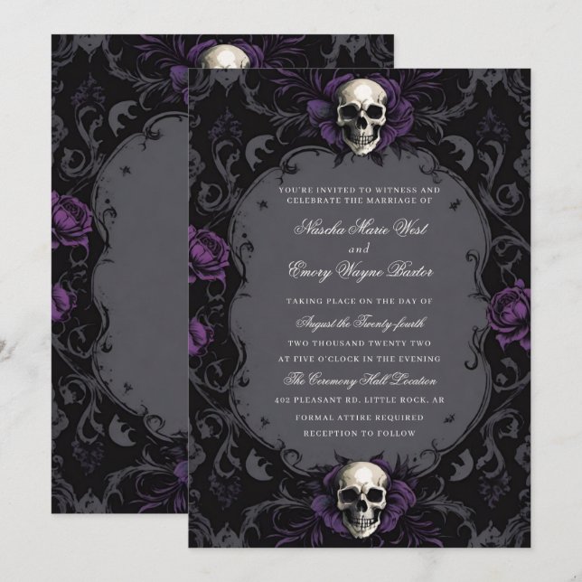 Dark Lila Gothic Boho Blumenschmuck Hochzeit Einladung (Vorne/Hinten)