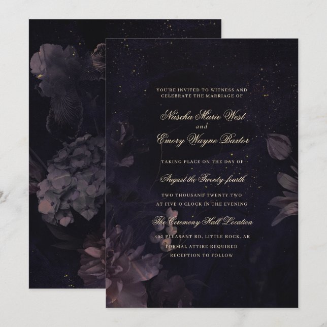 Dark Lila Gothic Boho Floral Wedding Einladung (Vorne/Hinten)