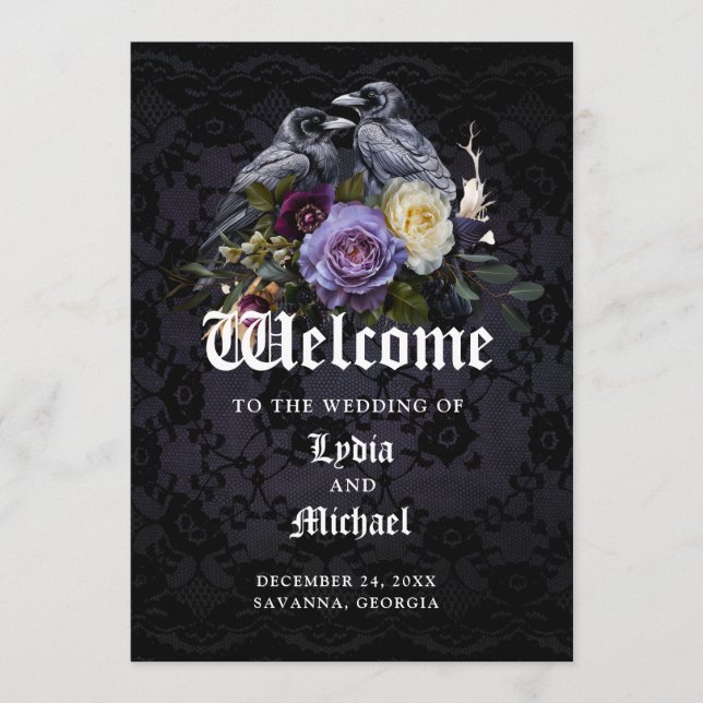 Dark Lila Gothic Floral Bouquet & Raven Wedding Programm (Vorderseite)