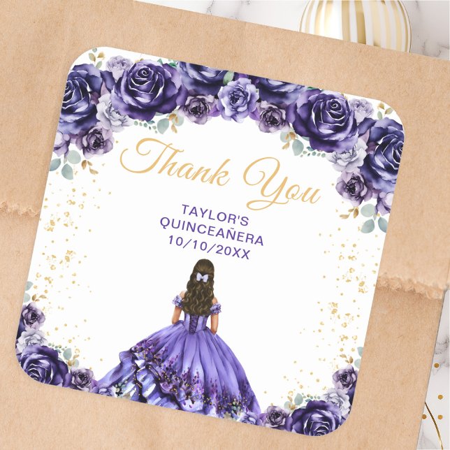 Dark Lila Prinzessin Quinceañera Vielen Dank Quadratischer Aufkleber (Von Creator hochgeladen)
