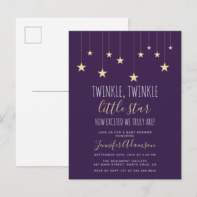 Dark Lila Twinkle Little Star Baby Dusche Einladungspostkarte (Vorne/Hinten)