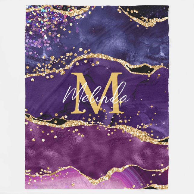 Dark Lila und Gold Glitzer Sequins Agate Fleecedecke (Vorderseite)