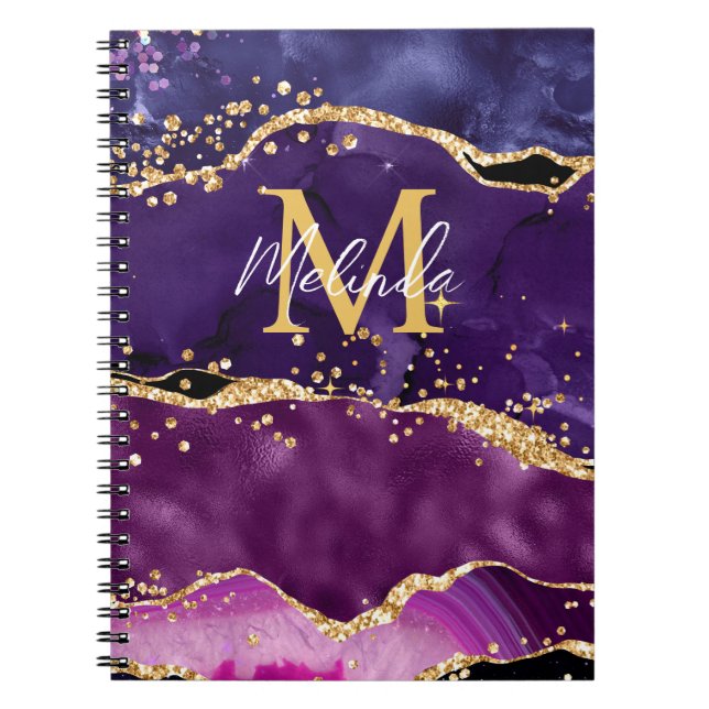 Dark Lila und Gold Glitzer Sequins Agate Notizblock (Vorderseite)