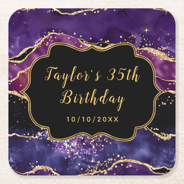 Dark Lila und Gold Sequins Agate Birthday Rechteckiger Pappuntersetzer (Vorderseite)