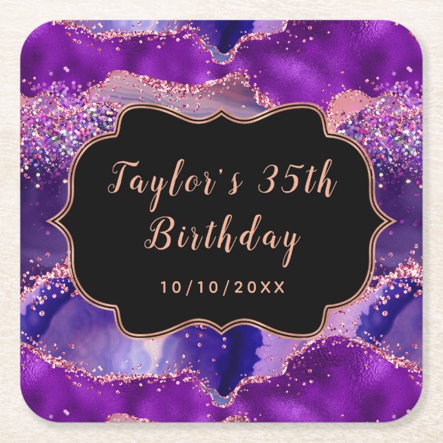 Dark Lila und Pink Sequins Agate Birthday Rechteckiger Pappuntersetzer (Vorderseite)