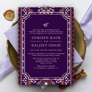 Dark Lila Yellow Ikat Anand Karaj Sikh Wedding Einladung