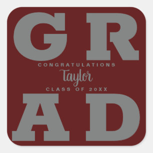 Dark Maroon Gray Bold Graduation Party Quadratischer Aufkleber