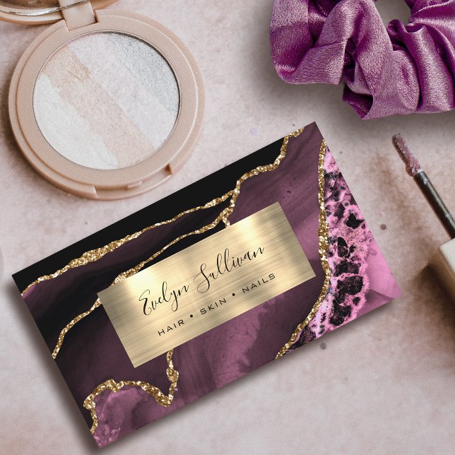 Dark Mauve and Gold Foil Agate Business Card Visitenkarte (Von Creator hochgeladen)