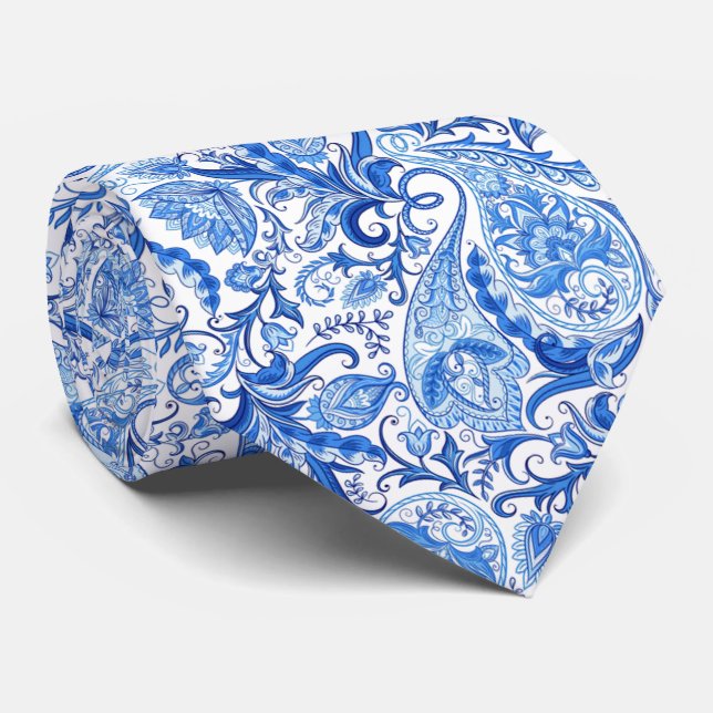 Dark Medium Blue White Floral Paisley Art Muster Krawatte (Gerollt)