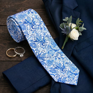 Dark Medium Blue White Floral Paisley Art Muster Krawatte