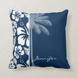 Dark Midnight Blue Tropical Hibiskus; Palm Kissen