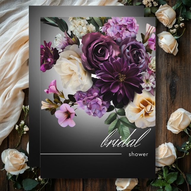 Dark Midnight Lila Floral Romance Brautparty Einladung (Dark Midnight Purple Floral Romance Bridal Shower Invitation)