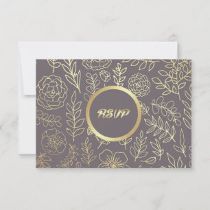 Dark Mocha   Gold Floral Muster Wedding RSVP Card