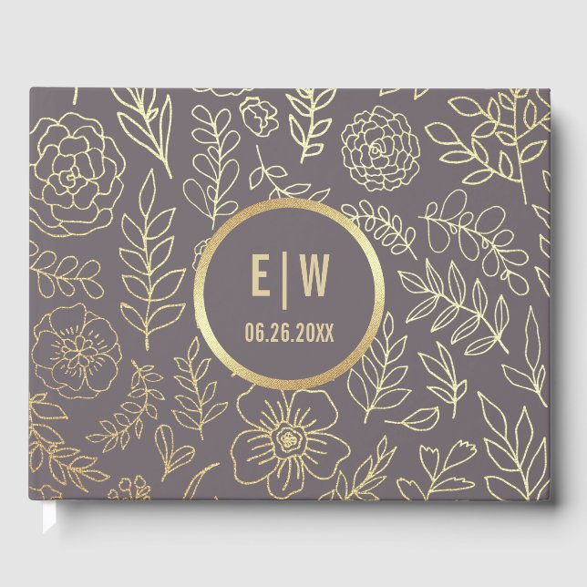 Dark Mocha Gold Floral Wedding Gästebuch (Vorderseite)