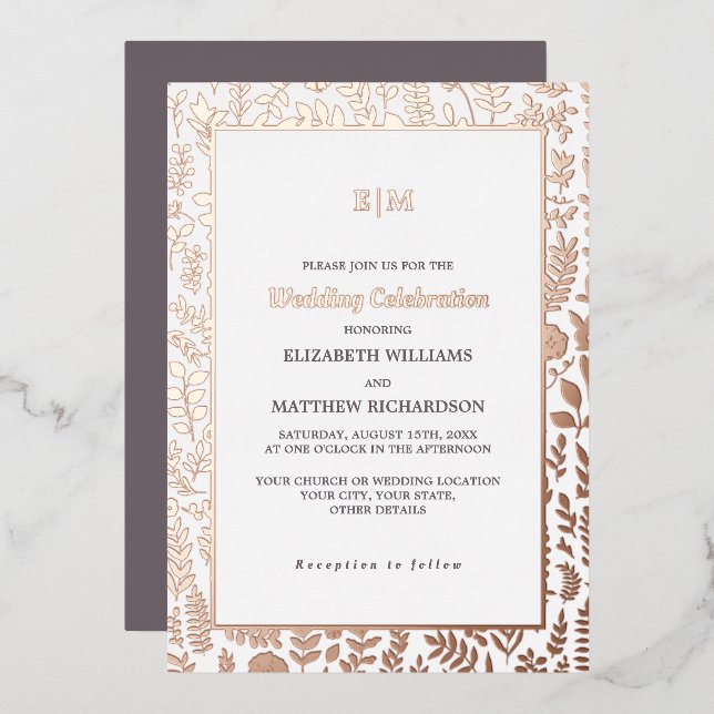 Dark Mocha | Rose Gold Luxury Wedding Folieneinladung (Vorderseite/Rückseite)