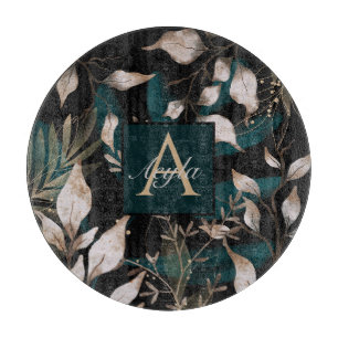 Dark Modern Boho Botanical Blätter Monogram Schneidebrett