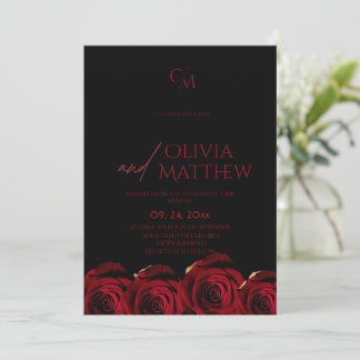 Dark Modern Red Roses Black Wedding Einladung