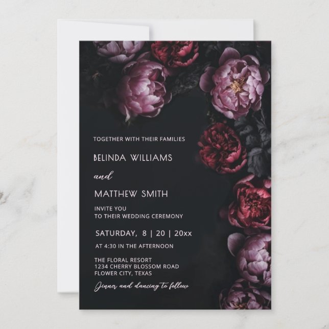 Dark Moody 3D Flowers Wedding Invitation (Devant)