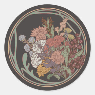 Dark & Moody Art Nouveau Floral Bouquet Runder Aufkleber