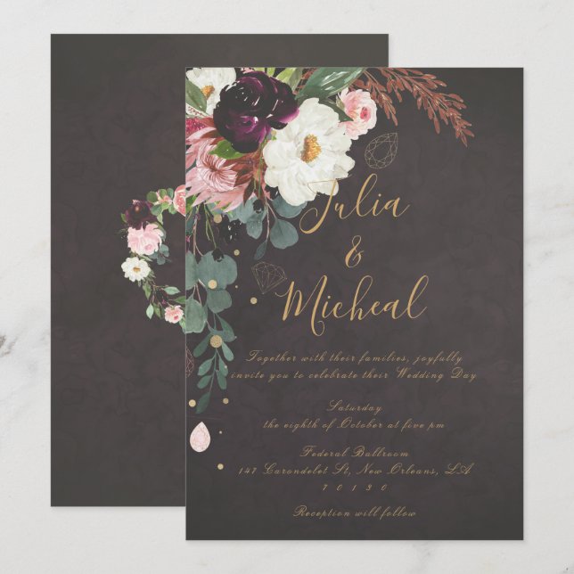 Dark Moody Autumn Floral Wedding Einladung (Vorne/Hinten)
