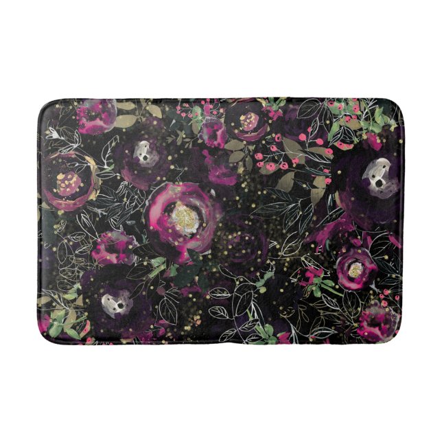 Dark Moody Berry Plum Sparkle Floral Modern Badematte (Vorderseite)
