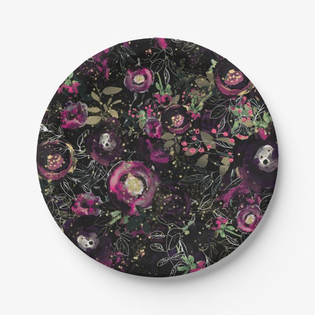 Dark Moody Berry Plum Sparkle Floral Modern Pappteller (Vorderseite)