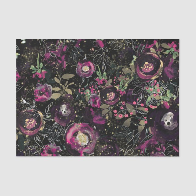 Dark Moody Berry Plum Sparkle Floral Modern Seidenpapier (Vorderseite)