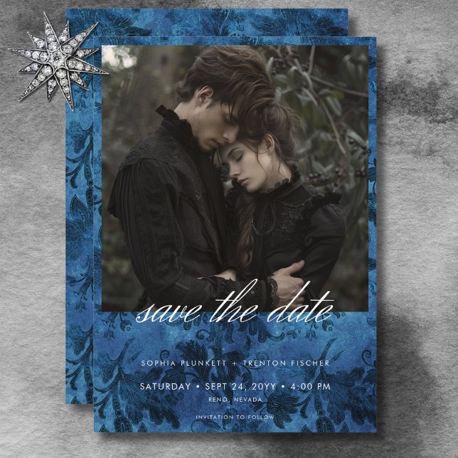 Dark Moody Black & Blue Damask Foto Hochzeit Save The Date (Dark Moody Black & Blue Damask Photo Wedding Save The Date)