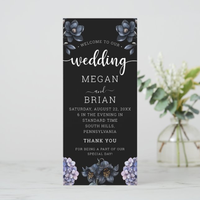 Dark Moody Black Floral Classic Typography Wedding Programm (Stehend Vorderseite)
