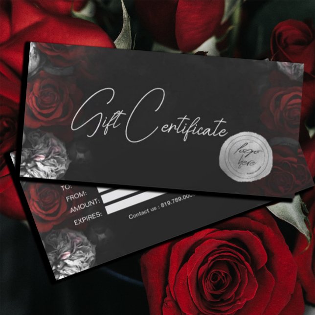 Dark Moody Black Red Florals Logo Geschenkgutschei (#zazzlemade #darkmoody #redflowers #redandblack #giftcard #promotionalcard #addlogo #profissionallog)
