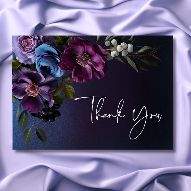 Dark Moody Blue Lavender Floral Moderne Hochzeit Dankeskarte (Dark Moody Blue Lavender Floral Modern Wedding Thank You Card)