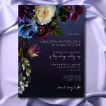 Dark Moody Blue Lavender Floral Moderne Hochzeit Einladung<br><div class="desc">Mit unserer exquisiten Hochzeitseinladung, die moderne Eleganz mühelos mit Vintagem Reiz verbindet. Set vor einem stimmungsvollen marineblauen Hintergrund, ein sanfter, seitlich liegender Bouquet mit dunklen lila, lavendelblauen und cremefarbenen Blume, lila Beeren und zartem botanischem Grün. Die Farbenmischung symbolisiert den Reichtum Ihrer gemeinsamen Reise, während das Vintage Ambiente dem zeitgenössischen Design...</div>