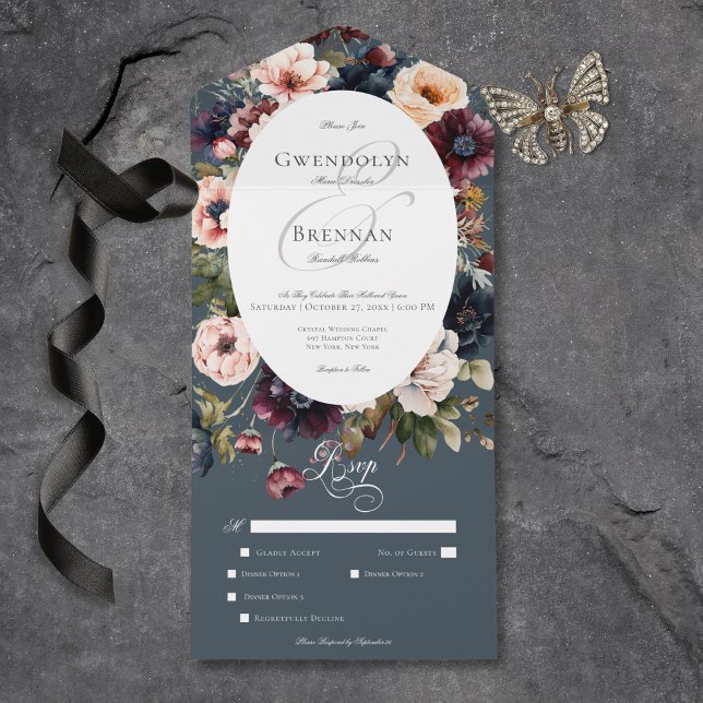 Dark Moody Blue Oval Floral Frame Dinner All In One Einladung (Dark Moody Blue Oval Floral Frame Dinner All In One Invitation)