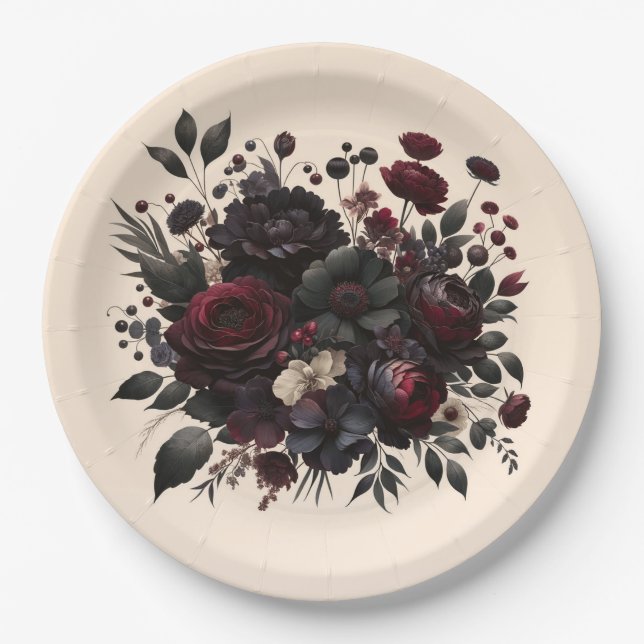 Dark Moody Blume Elegante Blumencreme Hochzeit Pappteller (Vorderseite)