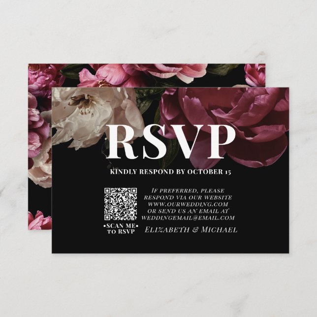 Dark Moody Blush Burgundy QR Code Wedding RSVP (Vorne/Hinten)