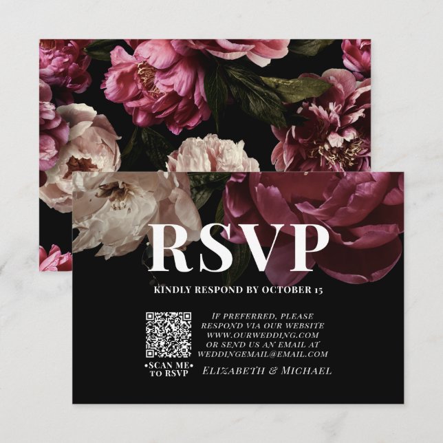 Dark Moody Blush Burgundy QR Code Wedding RSVP Karte (Vorne/Hinten)
