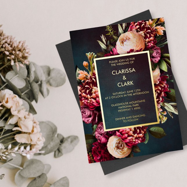 Dark Moody Bold Floral Marsala Wedding  Foil Invit Folieneinladung (Von Creator hochgeladen)