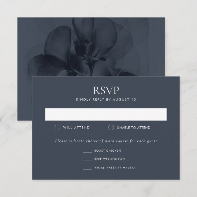 Dark Moody Botanical Blue Blume Wedding RSVP Karte (Vorne/Hinten)
