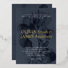 Dark Moody Botanical Overlay Blue Wedding Gold Folieneinladung