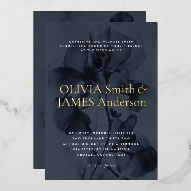 Dark Moody Botanical Overlay Blue Wedding Gold Folieneinladung (Vorderseite/Rückseite)