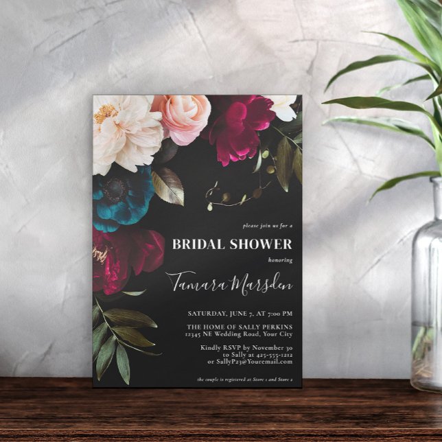 Dark Moody Burgundy Blue Blush Pink Black Floral Einladung (Von Creator hochgeladen)