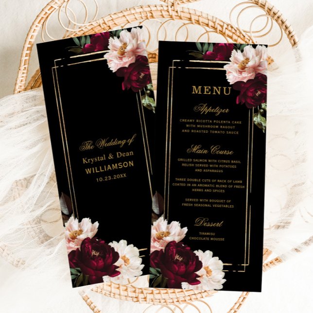 Dark Moody Burgundy Blush Black Floral Wedding Menükarte (dark moody decadent realistic blush burgundy floral flowers gold geometric slim wedding menu cards)