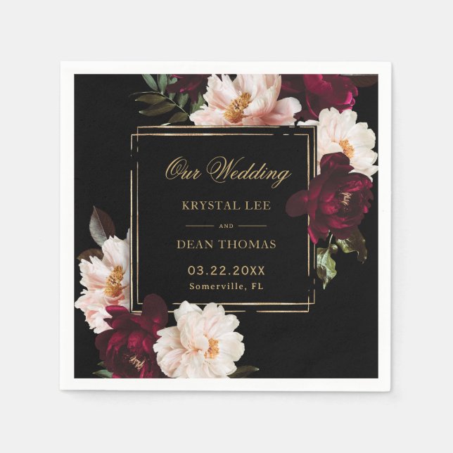 Dark Moody Burgundy Blush Black Floral Wedding Serviette (Vorderseite)