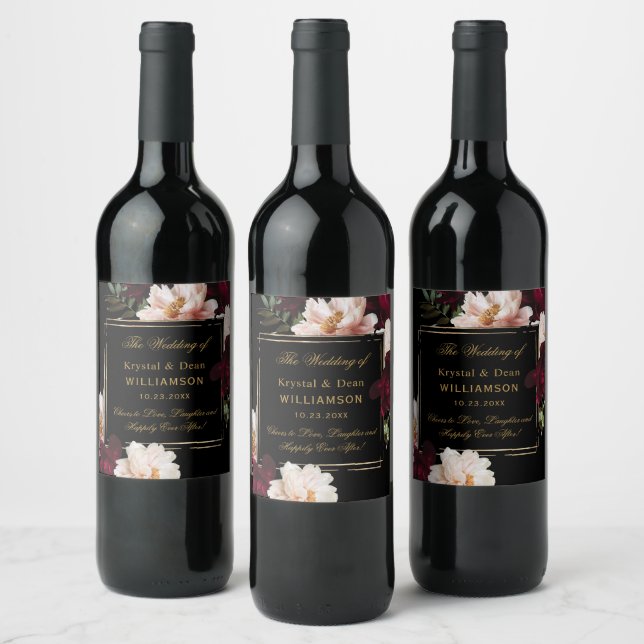 Dark Moody Burgundy Blush Black Floral Wedding Weinetikett (Flaschen)