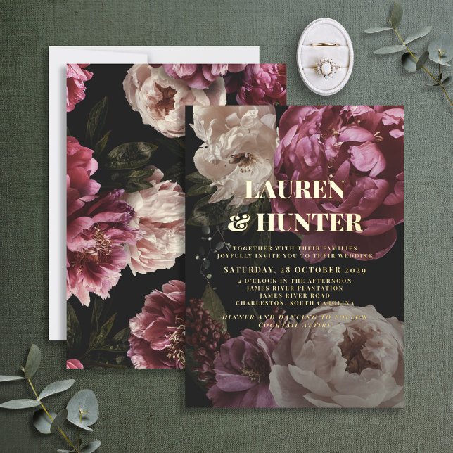 Dark Moody Burgundy Blush Botanical Wedding Gold Folieneinladung (Von Creator hochgeladen)