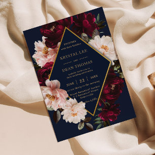 Dark Moody Burgundy Blush Navy Blue Floral Wedding Einladung
