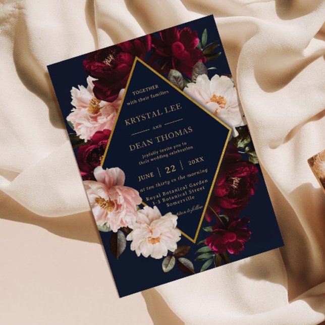 Dark Moody Burgundy Blush Navy Blue Floral Wedding Einladung (Von Creator hochgeladen)